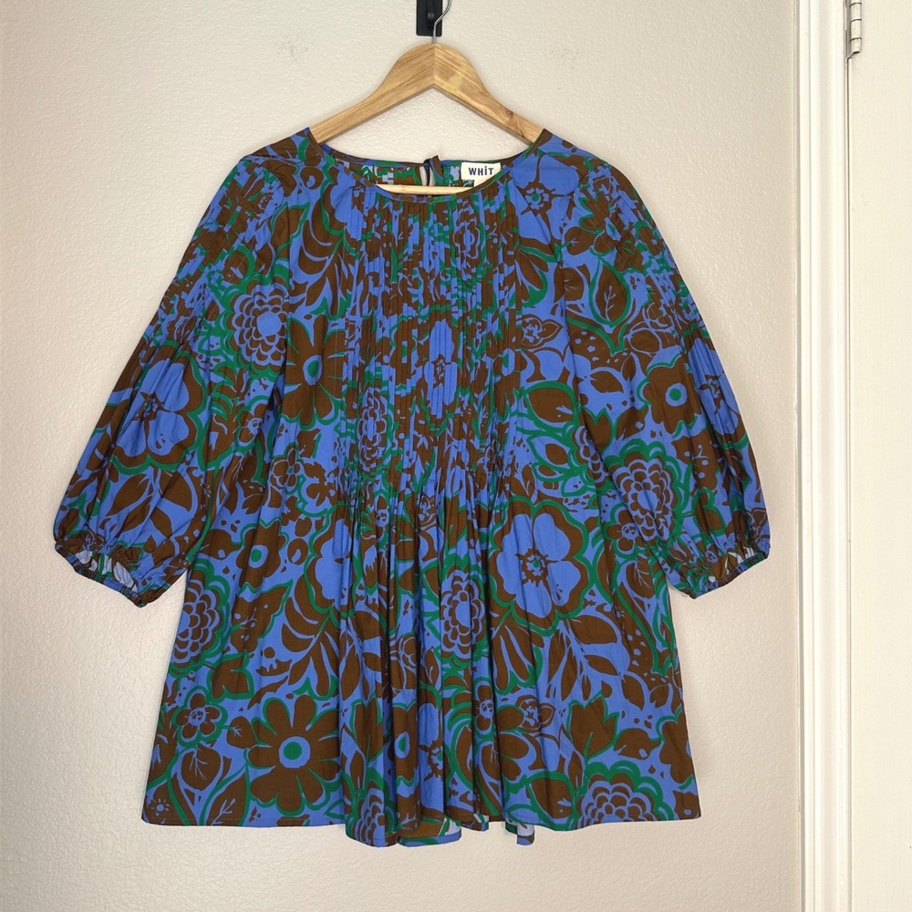 WHiT NY Floral Pintuck Blouse Blue/Brown/Green, Organic Cotton Cottage Country L